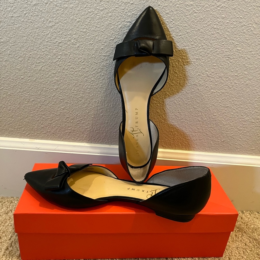 Ivanka Trump “Loire” Black Leather D’Orsay Flat Bow Embellishment